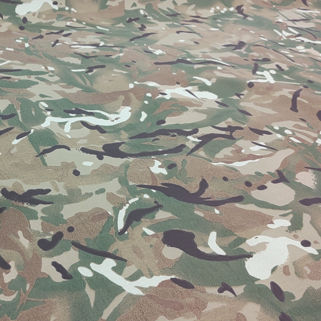 Medium weight waterproof nylon fabric with multi-terrain print camouflage
