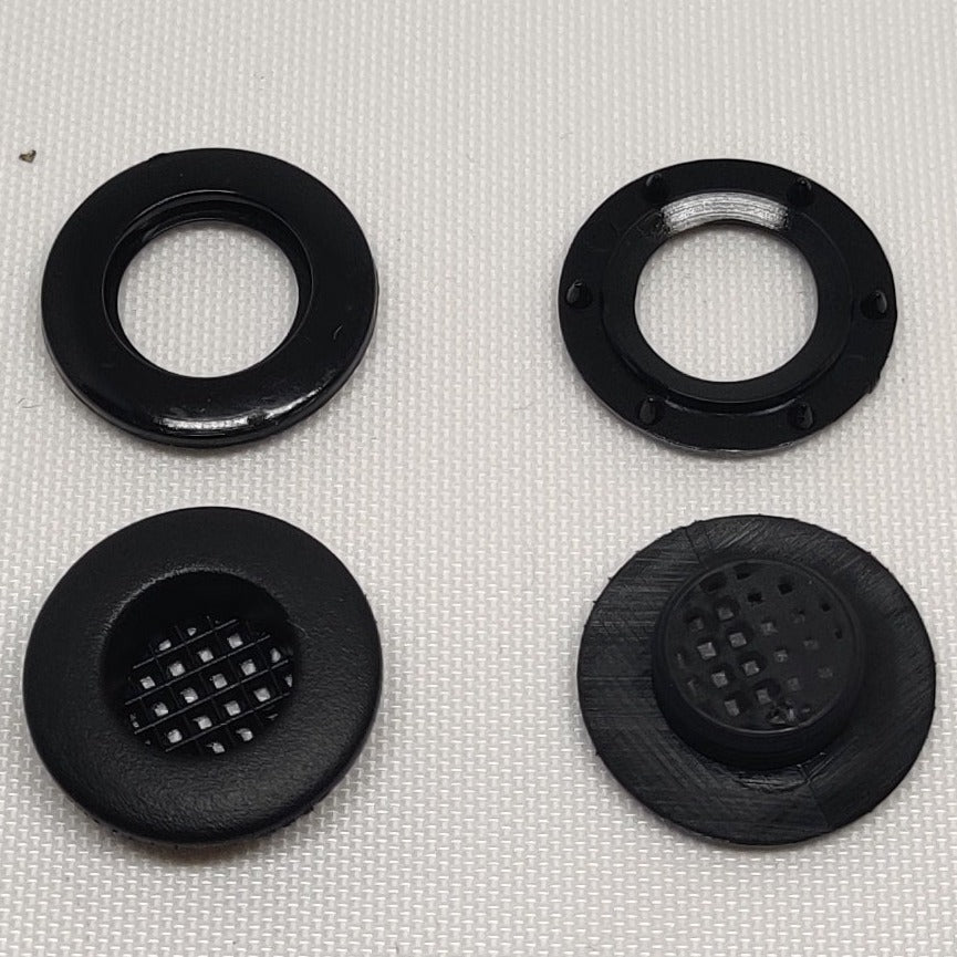 Black plastic breather eyelets (two parts)