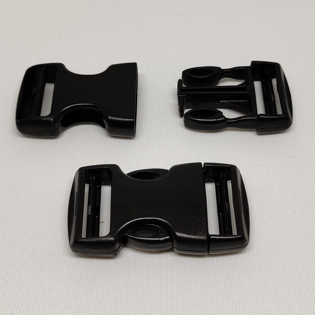 Black plastic double side-release buckles from ITW Nexus available in different sizes