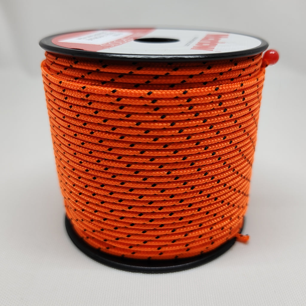 Orange 2 millimetre polyester throwline cord with black fleck
