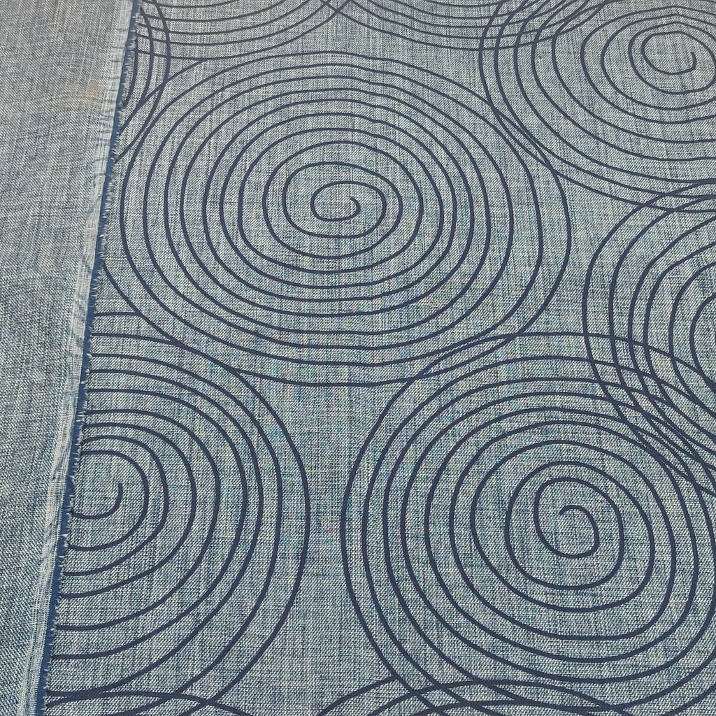 Pale blue acrylic fabric with large navy swirl pattern, underside also pale blue