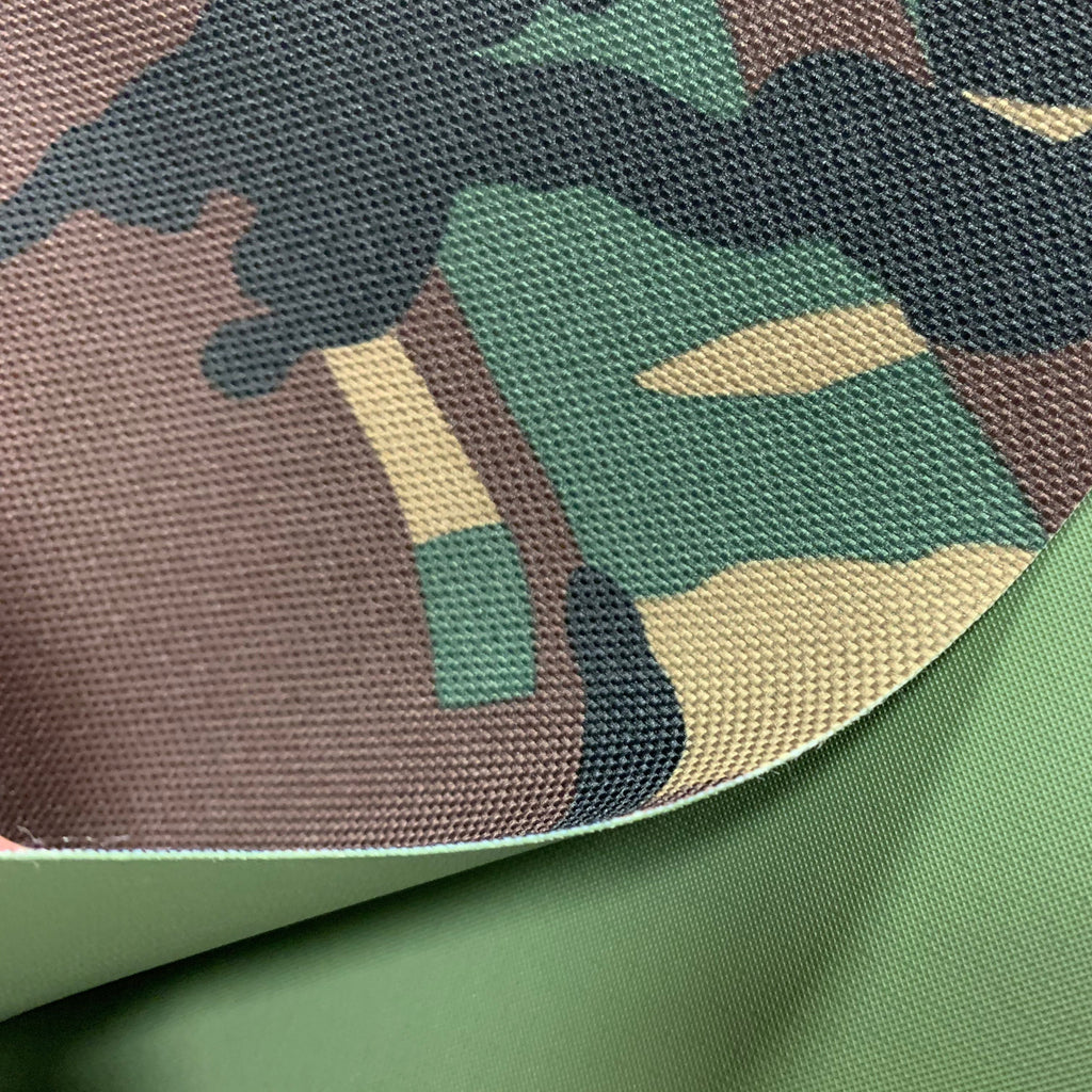 Woodland camouflaged vinyl coated polyester