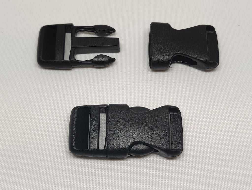 Black plastic Europa 25 millimetre side release buckles from ITW Nexus