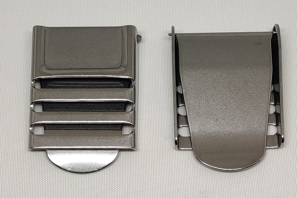Two stainless steel 40 millimetre cam buckles