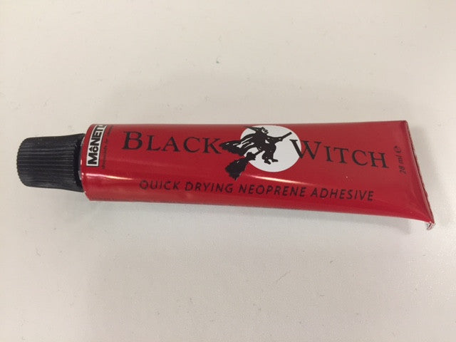28 MILLILITRE RED TUBE OF BLACK WITCH QUICK DRYING NEOPRENE ADHESIVE FROM PROFABRICS