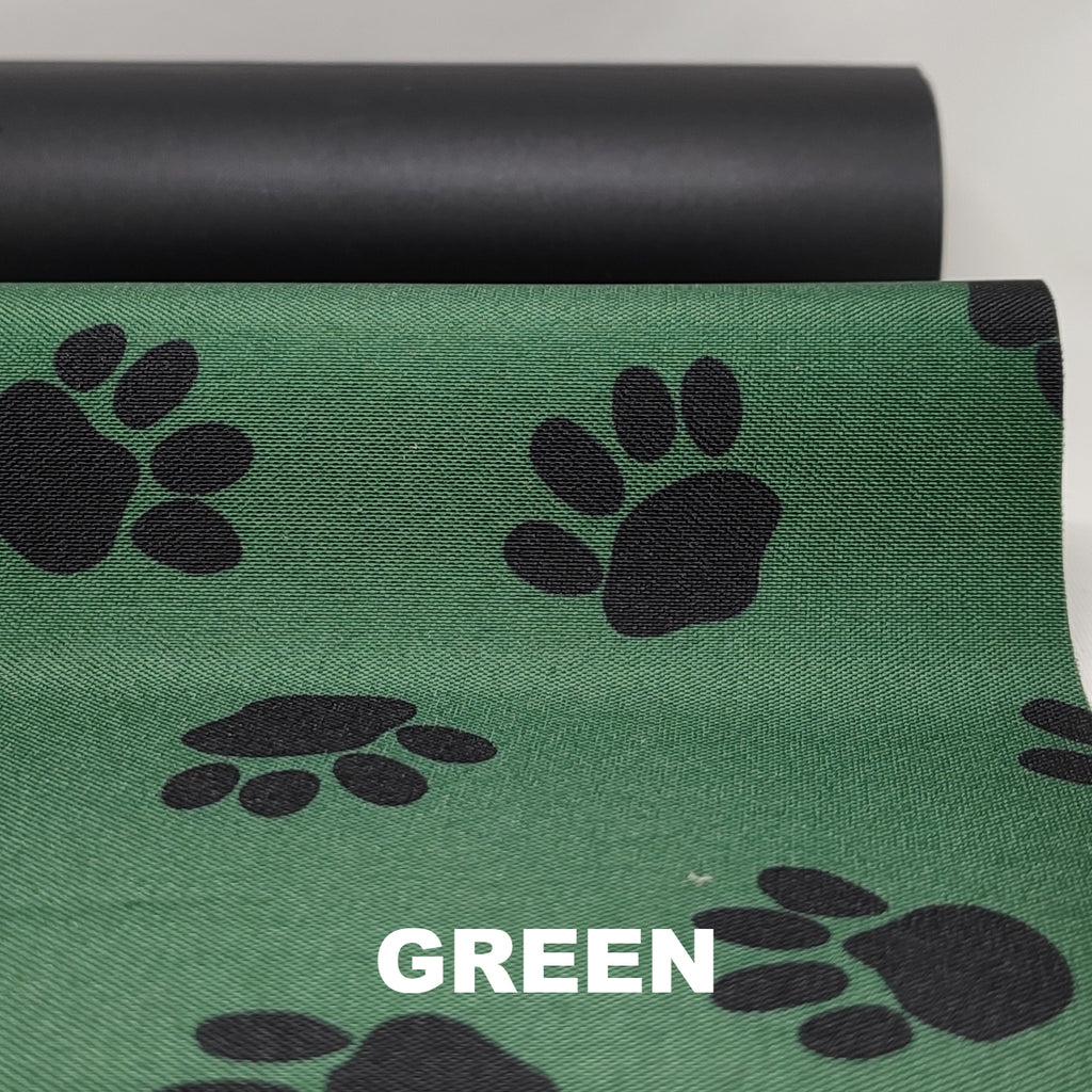 Bottle green waterproof polyester with black pawprint pattern and black underside