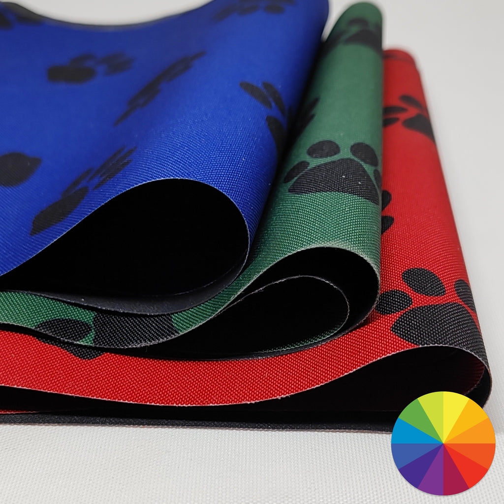 Waterproof vinyl coated polyester with pawprint design available in multiple colours