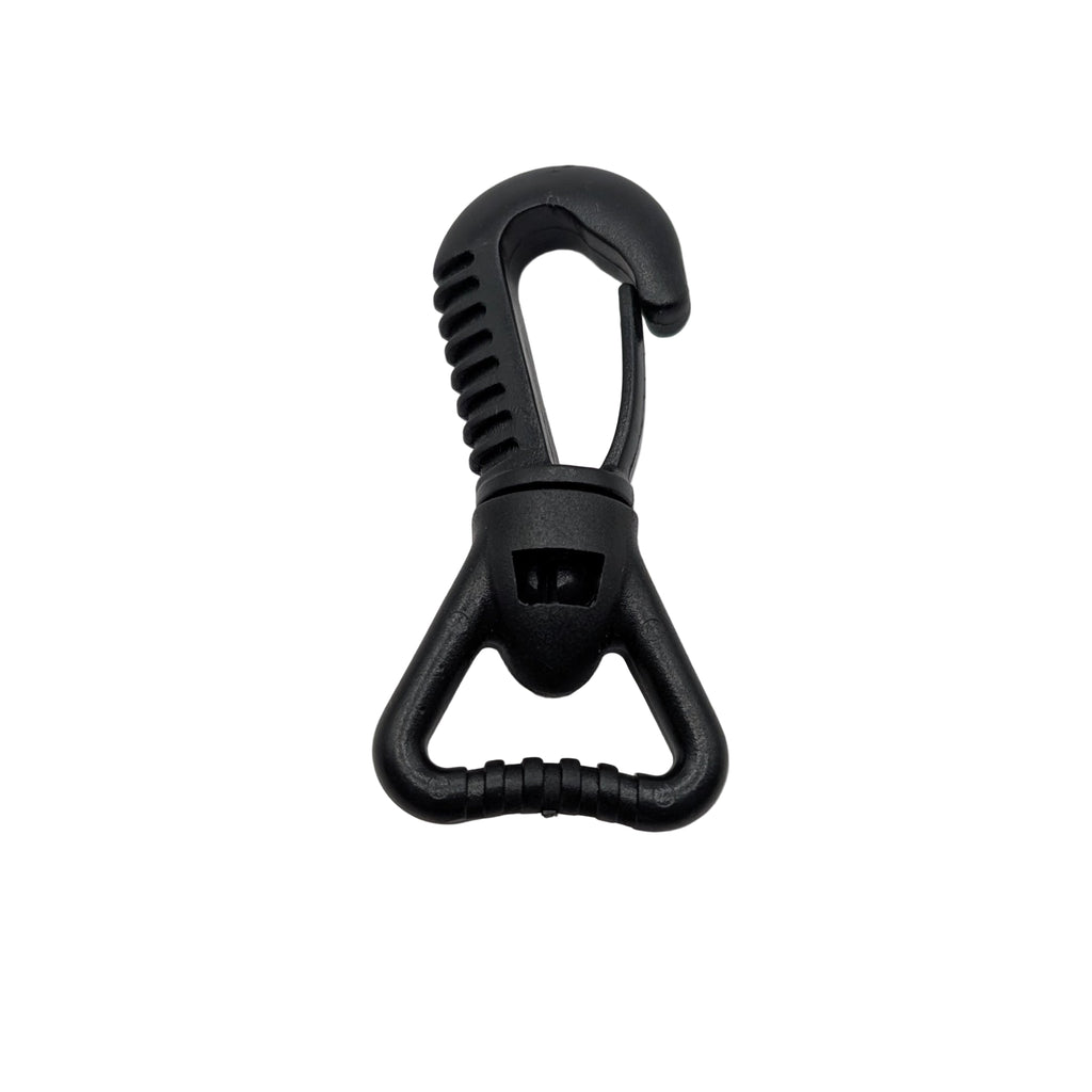 Black plastic swivel snap hook on a white background