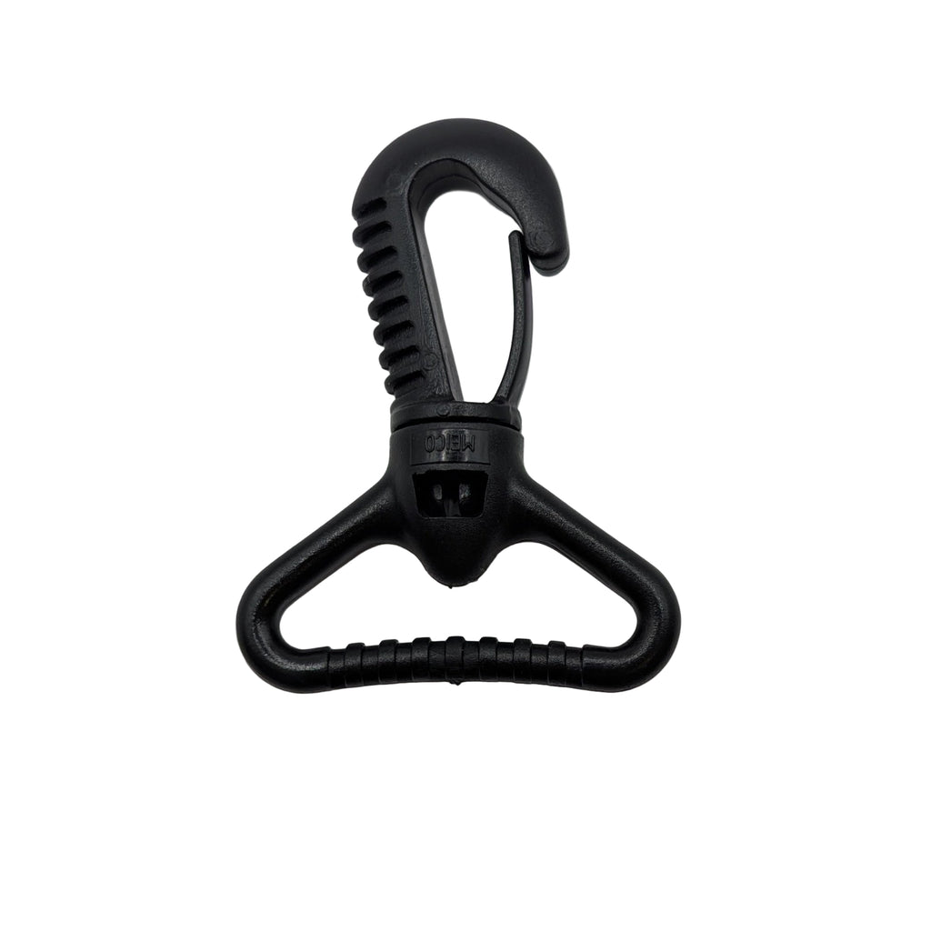 Black plastic swivel snap hook on a white background