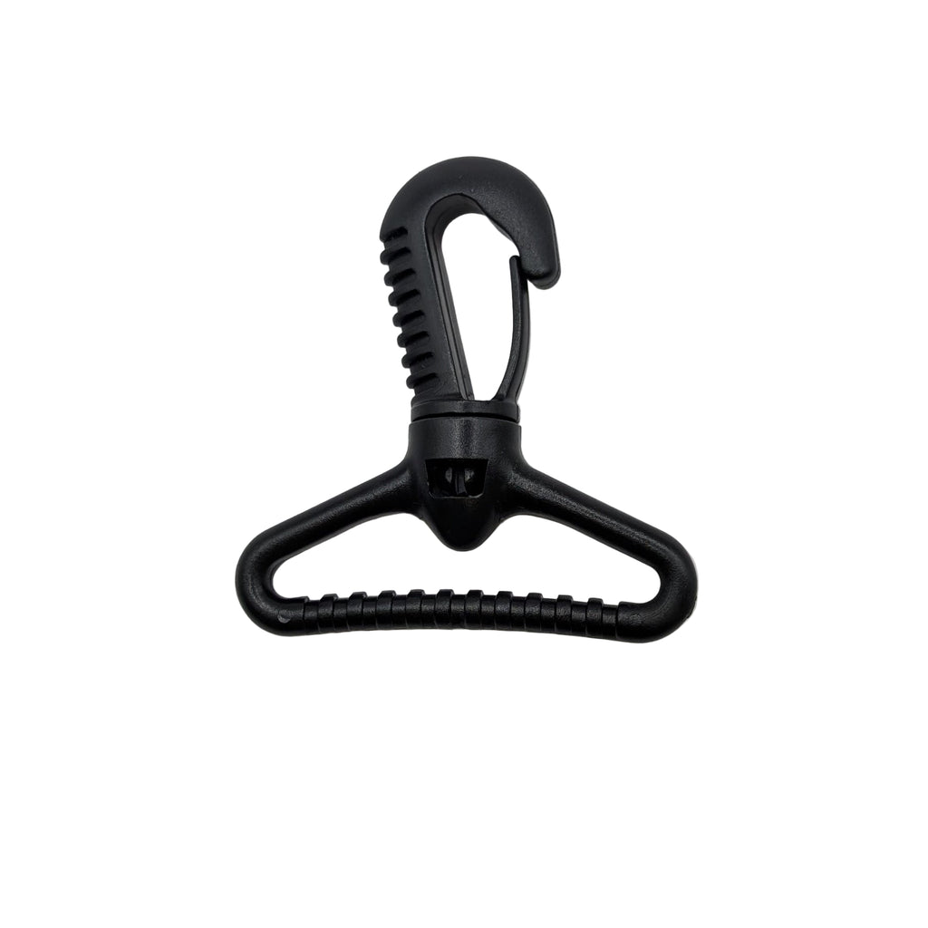 Black plastic swivel snap hook on a white background