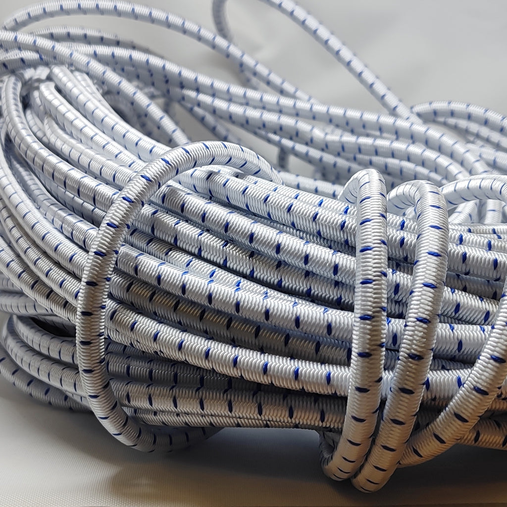 White 8 millimetre elasticated shock cord with blue fleck pattern
