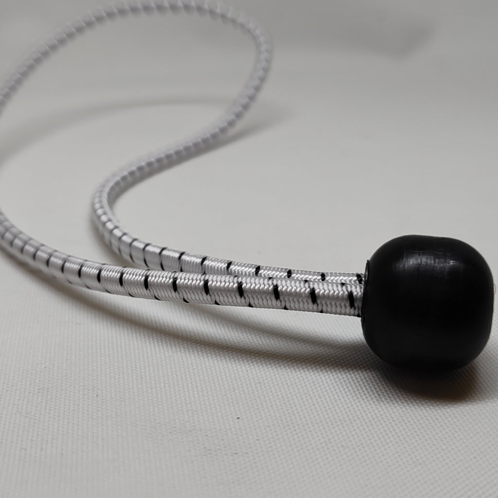 Black plastic shockcord ball tie, cord is white with black fleck pattern