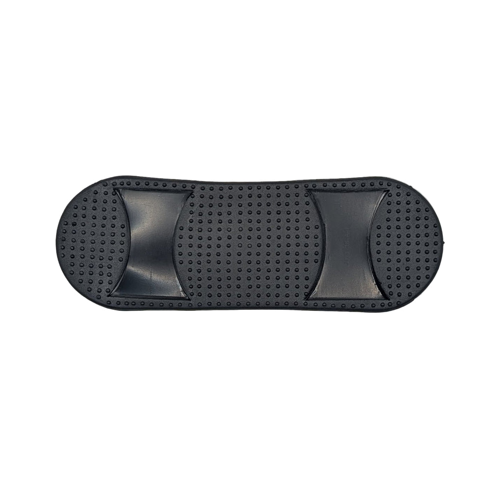 Black plastic shoulder pad on white background, underside.