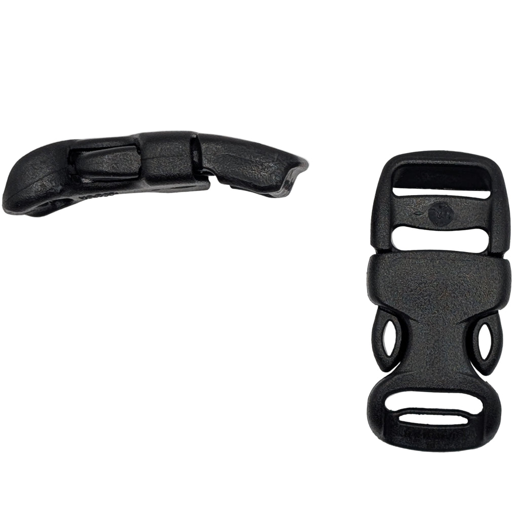 Two black plastic buckles on a white background