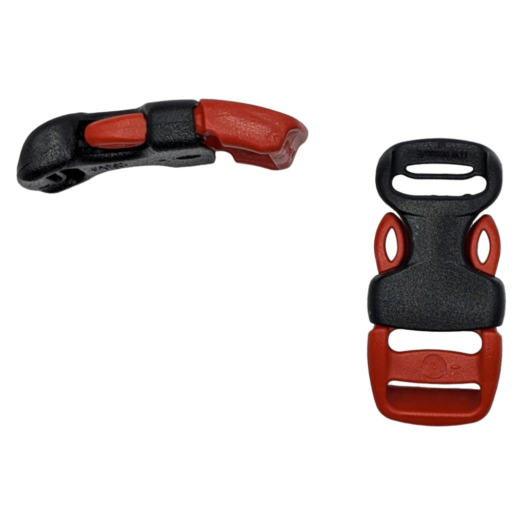 Two red and black plastic buckles on a white background