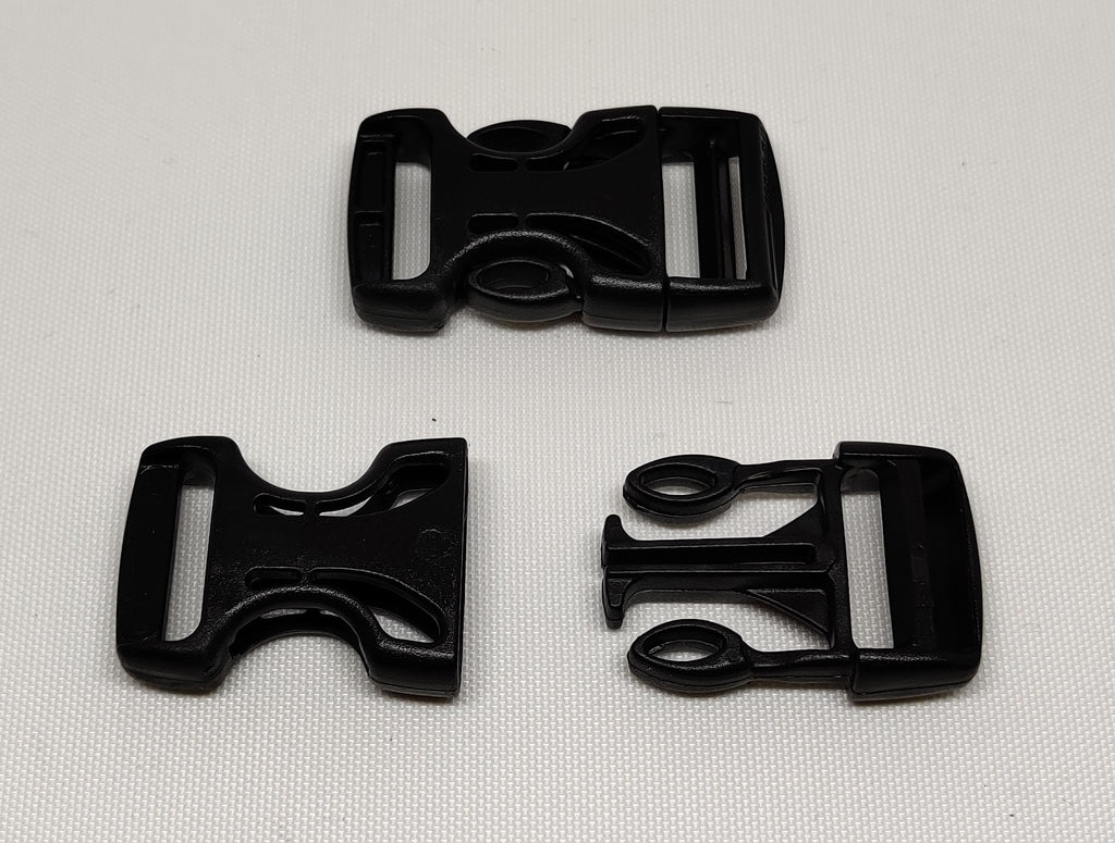 Two black plastic 20 millimetre airloc side release buckles, one shown connected and the other shown disconnected