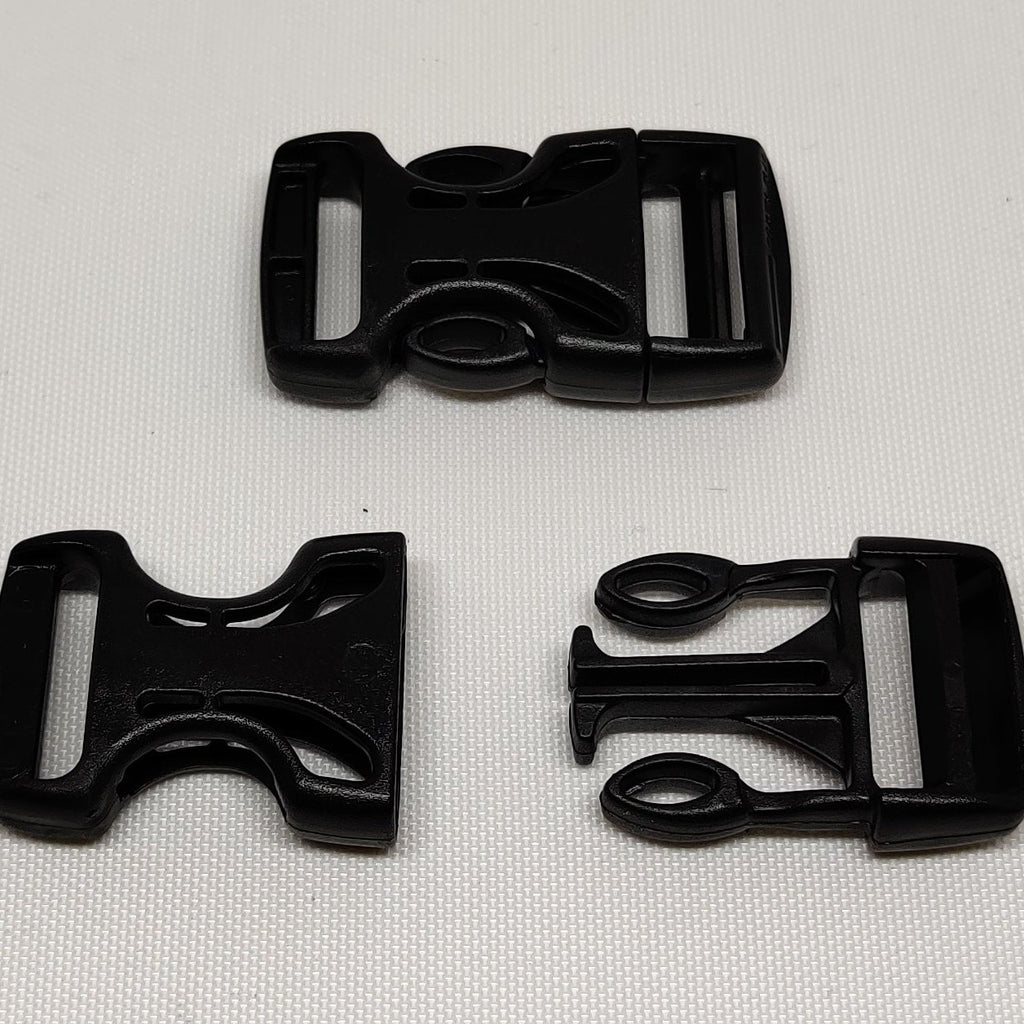 Two black plastic 20 millimetre airloc side release buckles, one shown connected and the other shown disconnected