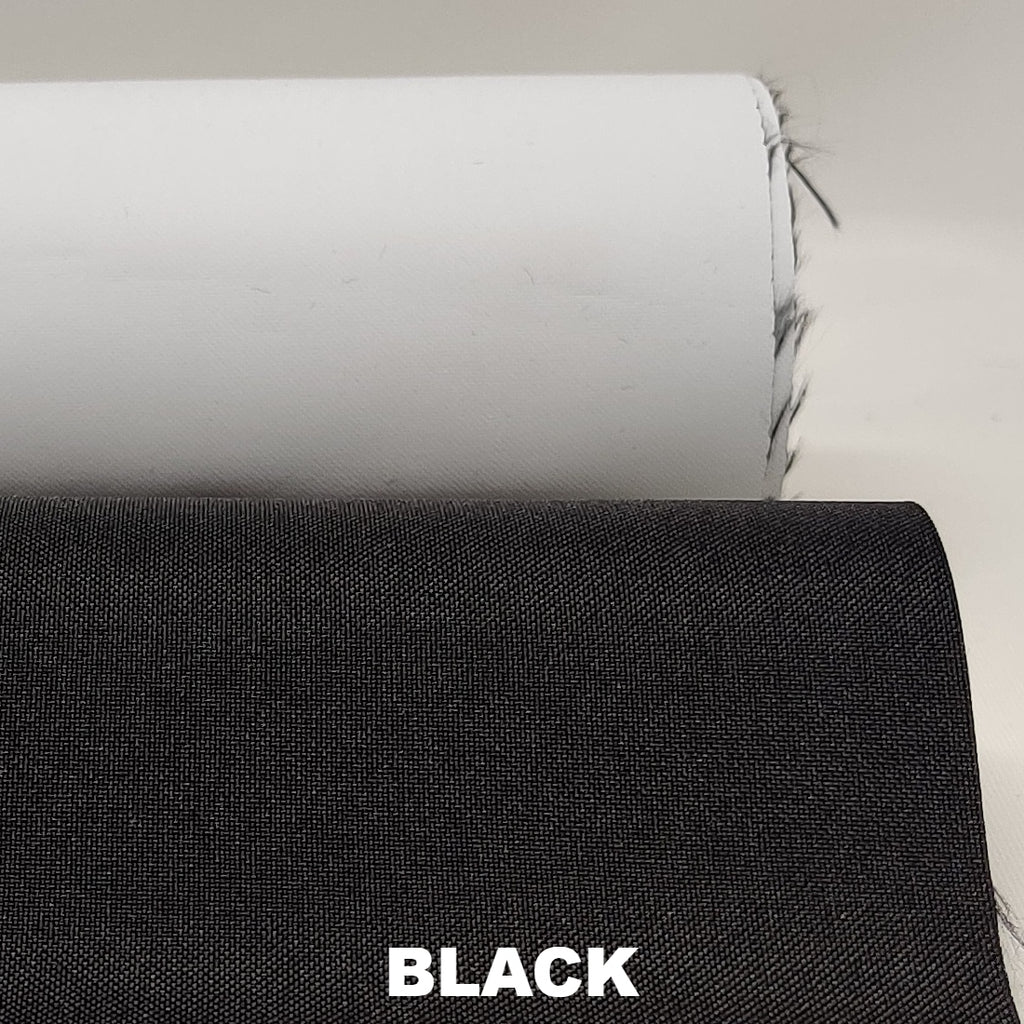 Black breathable waterproof 2 ply laminate polyester fabric with white underside 