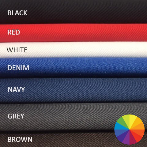 Heavy polycotton twill available in Black, Red, White, Denim, Navy, Grey and Brown