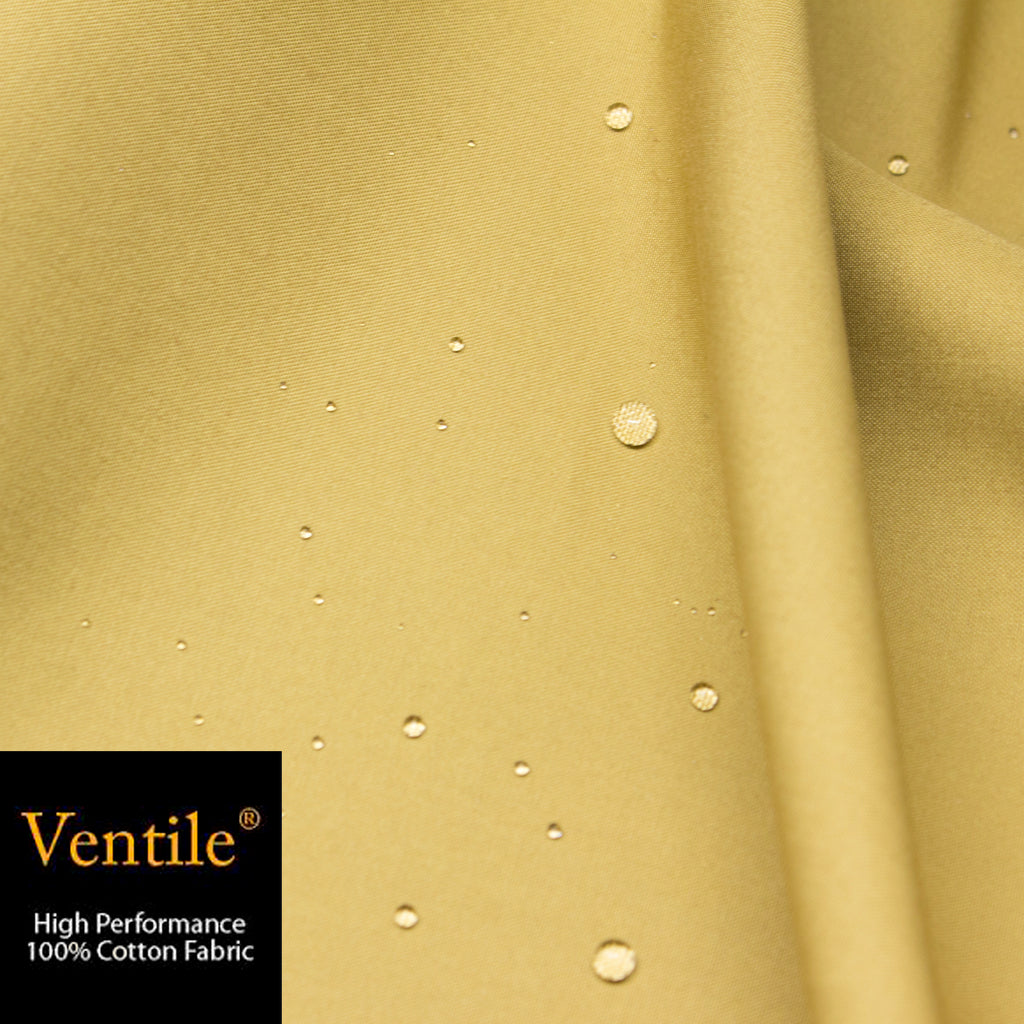 Ventile breathable cotton fabric with water droplets showing its waterproof capabilities
