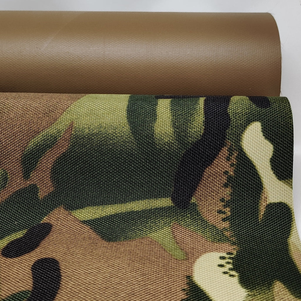 Multi-terrain camouflage polyester with brown underside