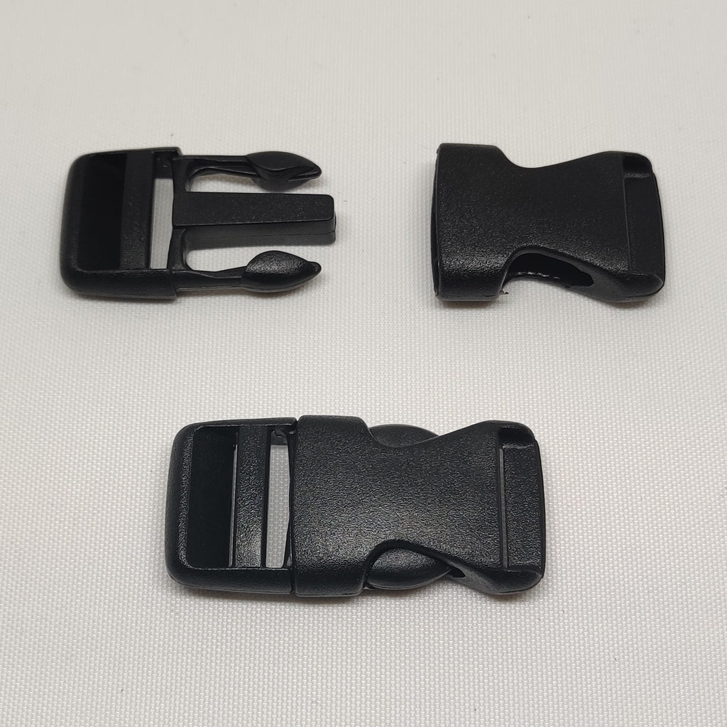 Black plastic Europa 20 millimetre side release buckles from ITW Nexus