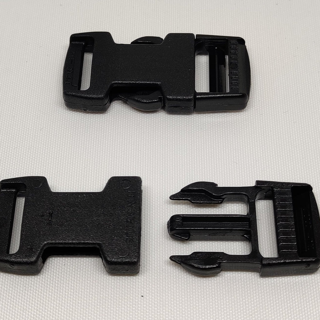 Black plastic 25 millimetre side release buckles from ITW Nexus