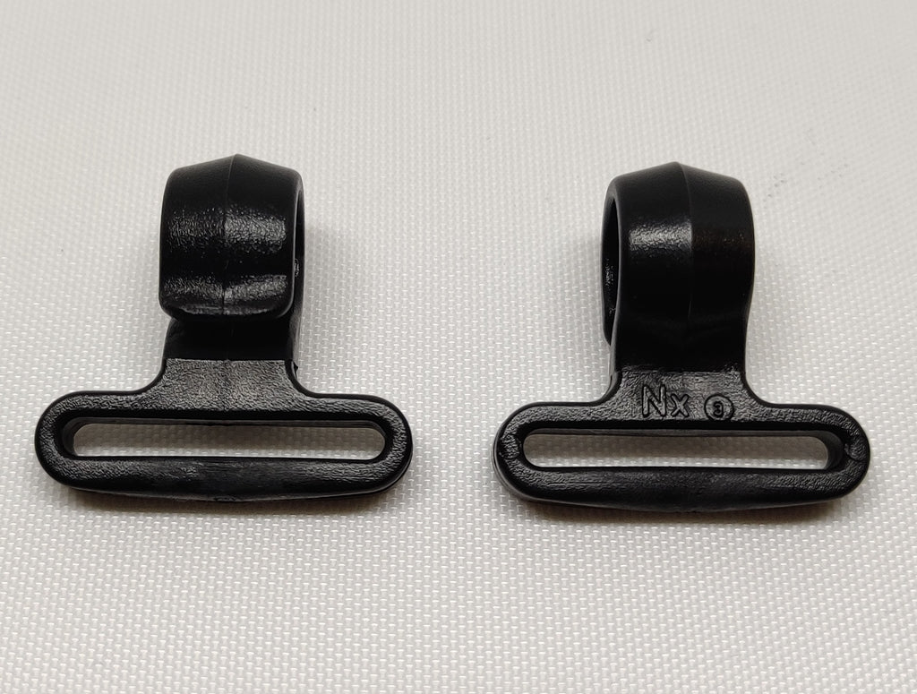 Two black webbing hooks, one showing the top and one showing the bottom