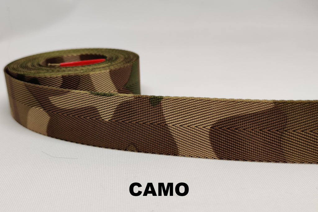 Woodland camouflage 25 millimetre soft nylon herringbone webbing