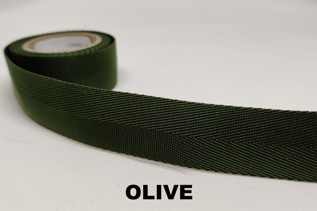 Olive green 25 millimetre soft nylon herringbone webbing